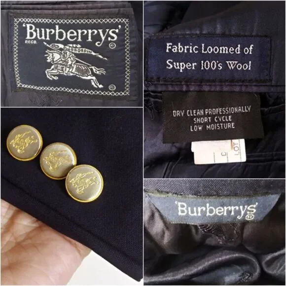 Vintage BURBERRYS‎ Super 100's Wool Blazer Suit Jacket Sport Coat Navy Blue 40L